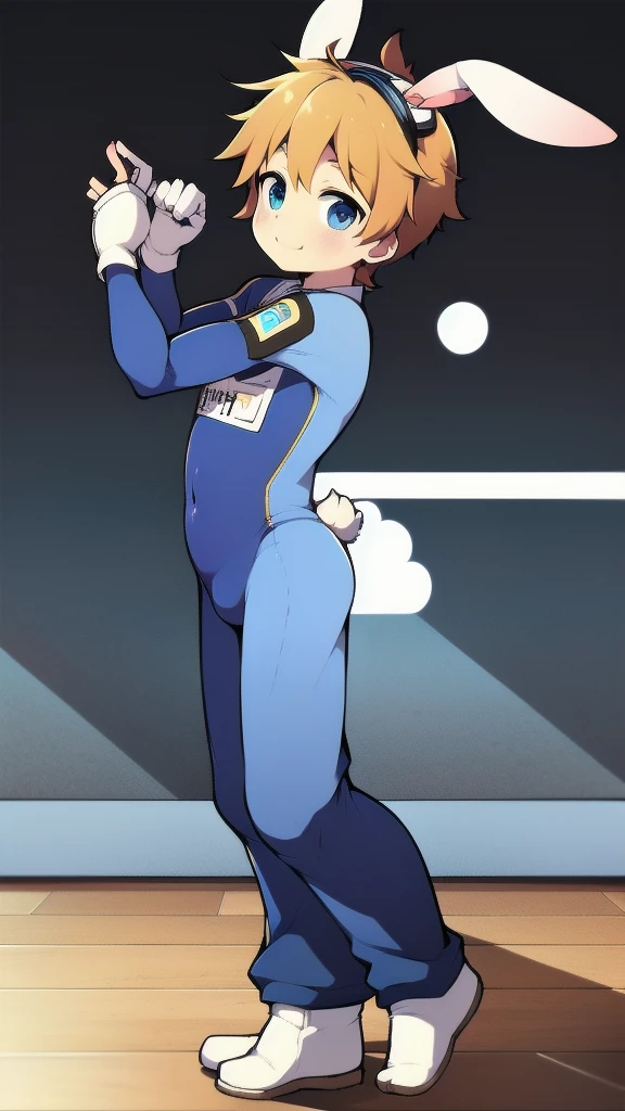 ((A young boy)),(Youthful feeling),One-piece gymnastics suit,Goggles,Fingerless gloves,Cotton socks,Short sleeve,stand up,happy,Rabbit ears,Rabbit Tail