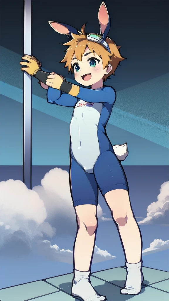 ((A young boy))，(Youthful feeling)，One-piece gymnastics suit，Goggles，Fingerless gloves，Cotton socks，Short sleeve，stand up，happy，Rabbit ears，Rabbit Tail