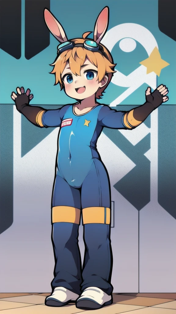 ((A young boy)),(Youthful feeling),One-piece gymnastics suit,Goggles,Fingerless gloves,Cotton socks,Short sleeve,stand up,happy,Rabbit ears,Rabbit Tail