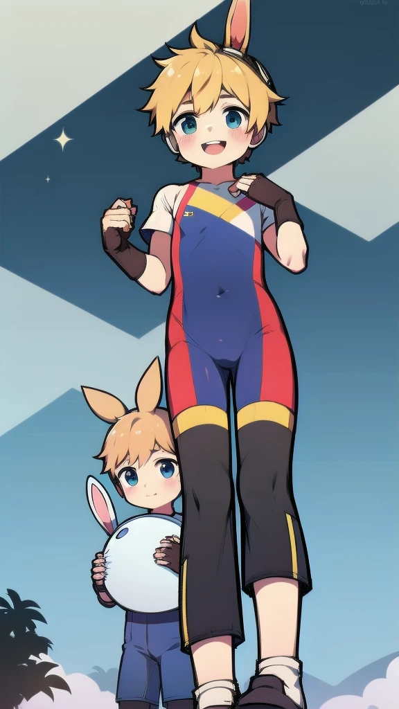 ((A young boy))，(Youthful feeling)，One-piece gymnastics suit，Goggles，Fingerless gloves，Cotton socks，Short sleeve，stand up，happy，Rabbit ears，Rabbit Tail