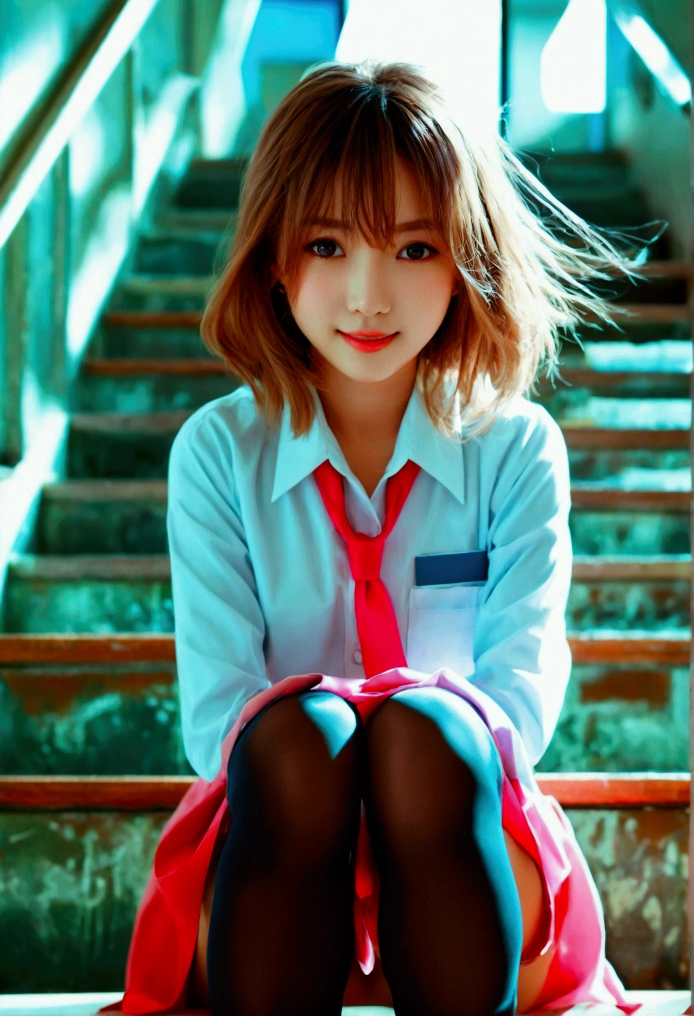 8K,Highest quality, masterpiece, Super detailed, 超High resolution, Realistic, RAW Photos, Absurd, The absolute solution, One girl, whole body, View your viewers,Young and beautiful woman in Japan, Super cute face, Attractive person, Large Breasts,Long Bob Hair,smile,(school uniform:1.3),Beautiful Eyes, ,the wind is strong, (I&#39;m sitting on a chair in the classroom:1.3),Glossy Lips, Double eyelids on both eyes, Natural Makeup, Long eyelashes, shiny smooth light brown Long Bob Hair, Asymmetrical bangs, Shiny skin, Center image, High resolution, Attention to detail, Detailed hairstyle, Detailed face, Great cinema lighting, Octane Rendering, Vibrant, Ultra-realistic, Perfect limbs, Perfect Anatomy, Station stairs、City Stairs, (Skirt flipped up by the strong wind:1.3), (A perfect skirt of uniform length:1.4), Pink side-tie satin panties, Slender body,Beautiful thighs, (Embarrassed look), On the way down the stairs, Pulling on skirt