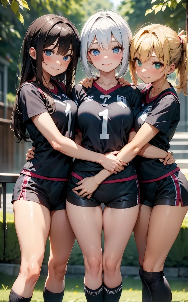 (Cute eyes:1.2), (Sparkling eyes:1.2),(Beautiful Eyes:1.2), Highest quality,wonderful,finely,Highly detailed CG Unity 8k wallpaper, (The three of them lined up and hugged:1.3),(kissing:1.3),(Three people with different heights:1.5), (Three Girls, Volleyball Player, Skinny body, Dressed), (Huge breasts), (Open your mouth:1.1),(Black knee socks:1.3),(Thighs:1.3),(Waistline:1.2),(Matching volleyball uniforms:1.2),(From behind:1.2),(Beautiful eyes:1.2),(Different hairstyle),(Seniors and Juniors:1.3),(All three have different eye colors:1.5),(All three have different skin colors:1.5),(Thighsまで隠れるニーソックス:1.2),(Very short pants:1.3),Upper Body,(Match venue:1.3)