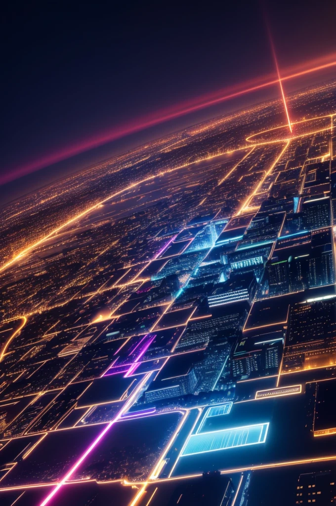 Large metropolis with various colored lights and colored light beams
