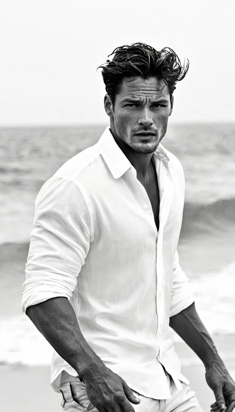 Beach, noon, 1man, fashion photoshoot, photographed by Peter Lindbergh, ultra high definition, realistic, perfect hands, dynamic angle, masculine pose
