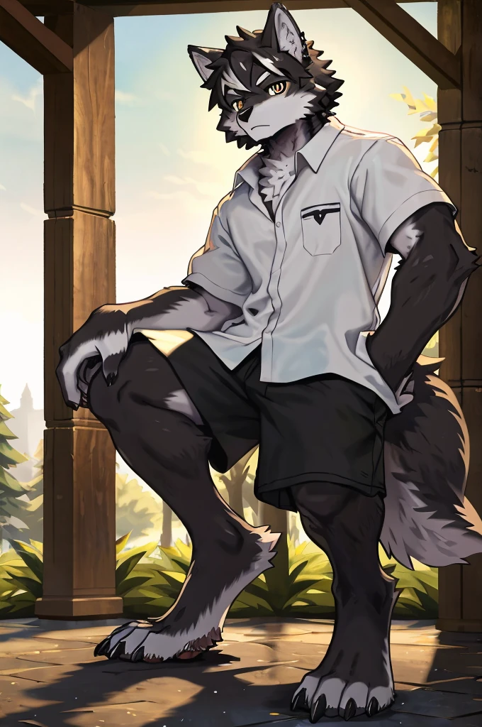 (Thin arms),(Thin legs),masterpiece, best quality, Official Art, Extremely detailed CG unified 8k wallpaper, Ultra Detailed, Best Illustration, , Ink fur, hairy male, Wolf Boy, hairy, Ink fur, 1 Boy,, male focus,, Striped hair, Wolf ears, Animal ears, Single speaker, Ink fur, Bangs, dark hair, White highlights, Medium Hair, Solitary, Ink tail,hairy尾巴,(Black pupil),High target,(campus),,barefoot,(Sexy),((High target and strong)),side,(Delicate eyes:1.2),Inky eyes,male,Solitary,(Inky pupils),(Detailed face),(Sharp eyes),Permanent,(Detailed hands),(Foot details),aldult,type,Moderate,Long legs,(Detailed fingers),(Delicate eyes),(White shirt),(Black shorts),easy,(Big Bag)