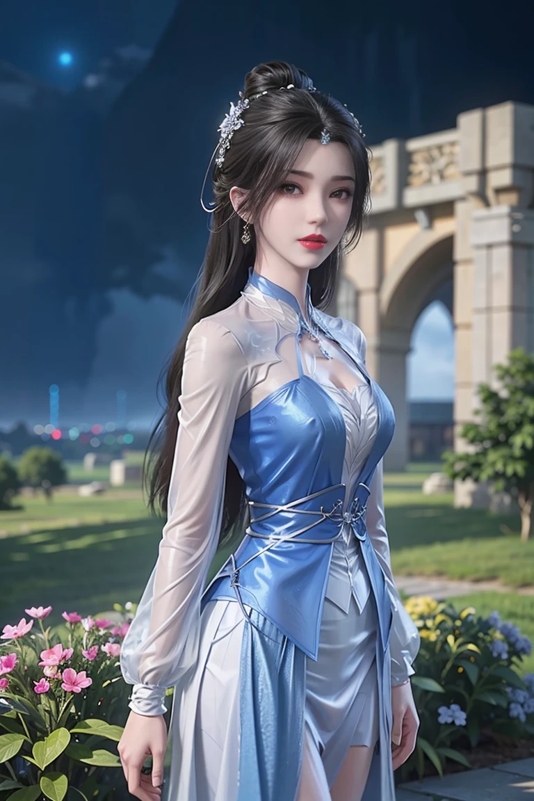 best quality, tmasterpiece,Ultra-high resolution,Clear face,（Reality：1.4），ferpect lighting，(upper body), (photorealistic:1.50), anime wallpaper, Guviz style artwork, cover-up fantasy up to magic , by Yang J, Guviz, beautiful artwork illustration, beautiful digital artwork, beautiful digital illustration, Li Song, beautiful anime portrait, art style in Beauvot, 1girl, 独奏,cosplay, looking at the audience, 
long hair, black hair, hair bun, blue eyes, Chinese dress, 
Outdoor, grassland, park, Garden, (standing:1.5), night sky, (looking at viwer:1.3),