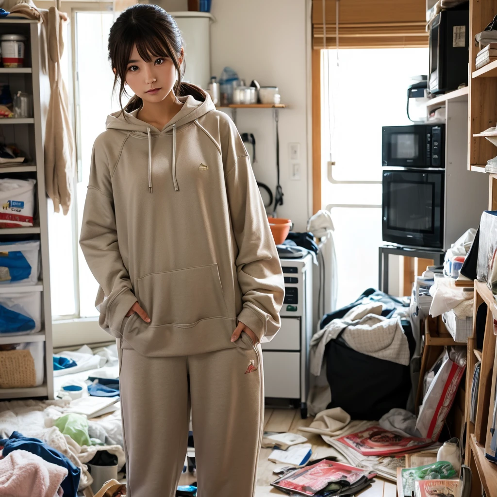 A beautiful Japanese woman in a sweatshirt stands in a messy apartment and stares at you.