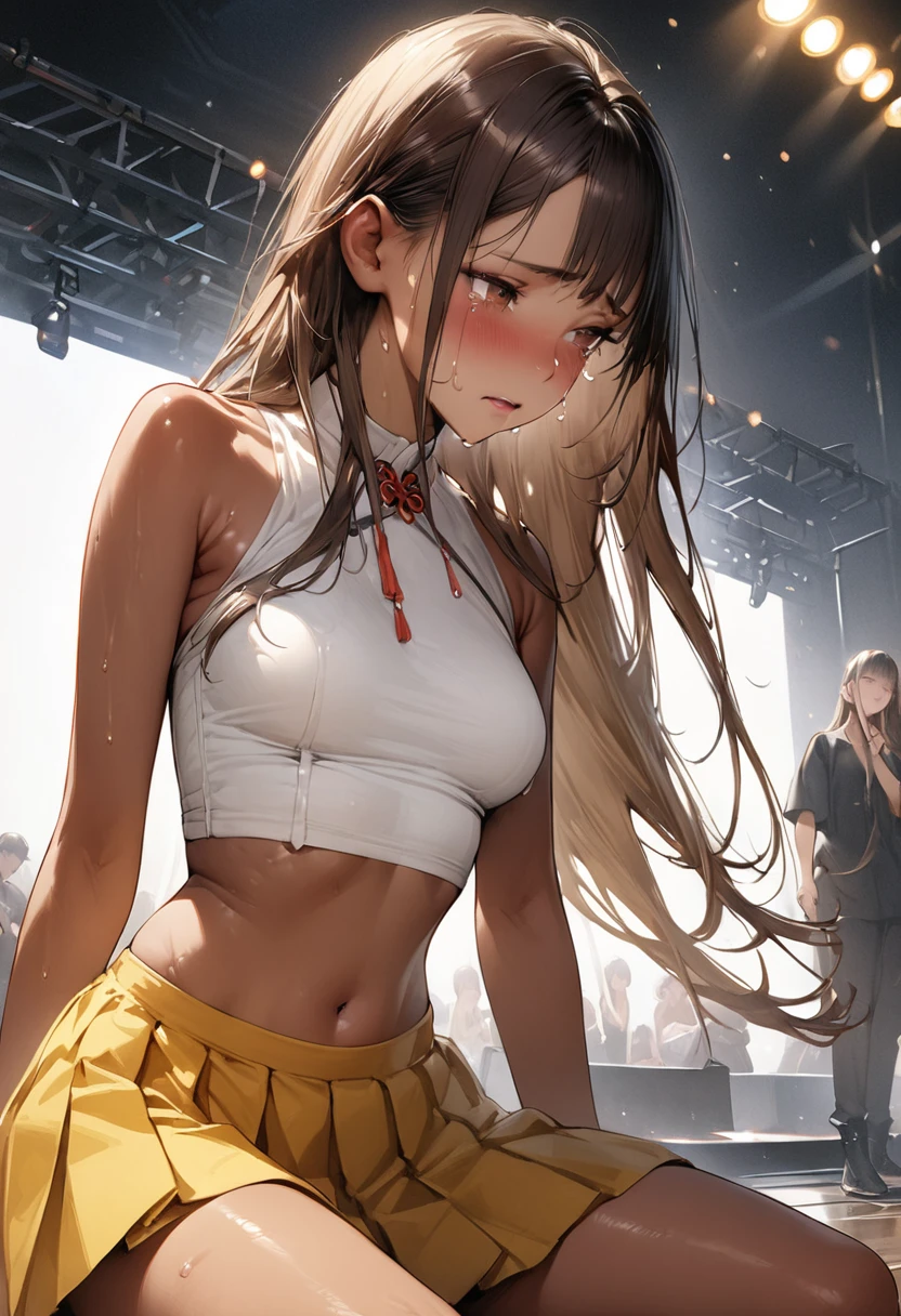 ((masterpiece,Highest quality:1.3,best quality illustration,realistic:1.3)),cowboy shot,独奏,1woman,(20-year-old、Japanese Beauty)、brown hair,long hair,center parted bangs,brown eyes,gorgeous eyes,((very small head:1.3)),tears,shy,((very long body:1.2,skinny)),medium breasts,(tan skin:1.5), (gleaming skin,toned body,slender body),sweat,(White sleeveless、navel、Yellow pleated mini skirt、Love juice)、squatting,Concert Stage、