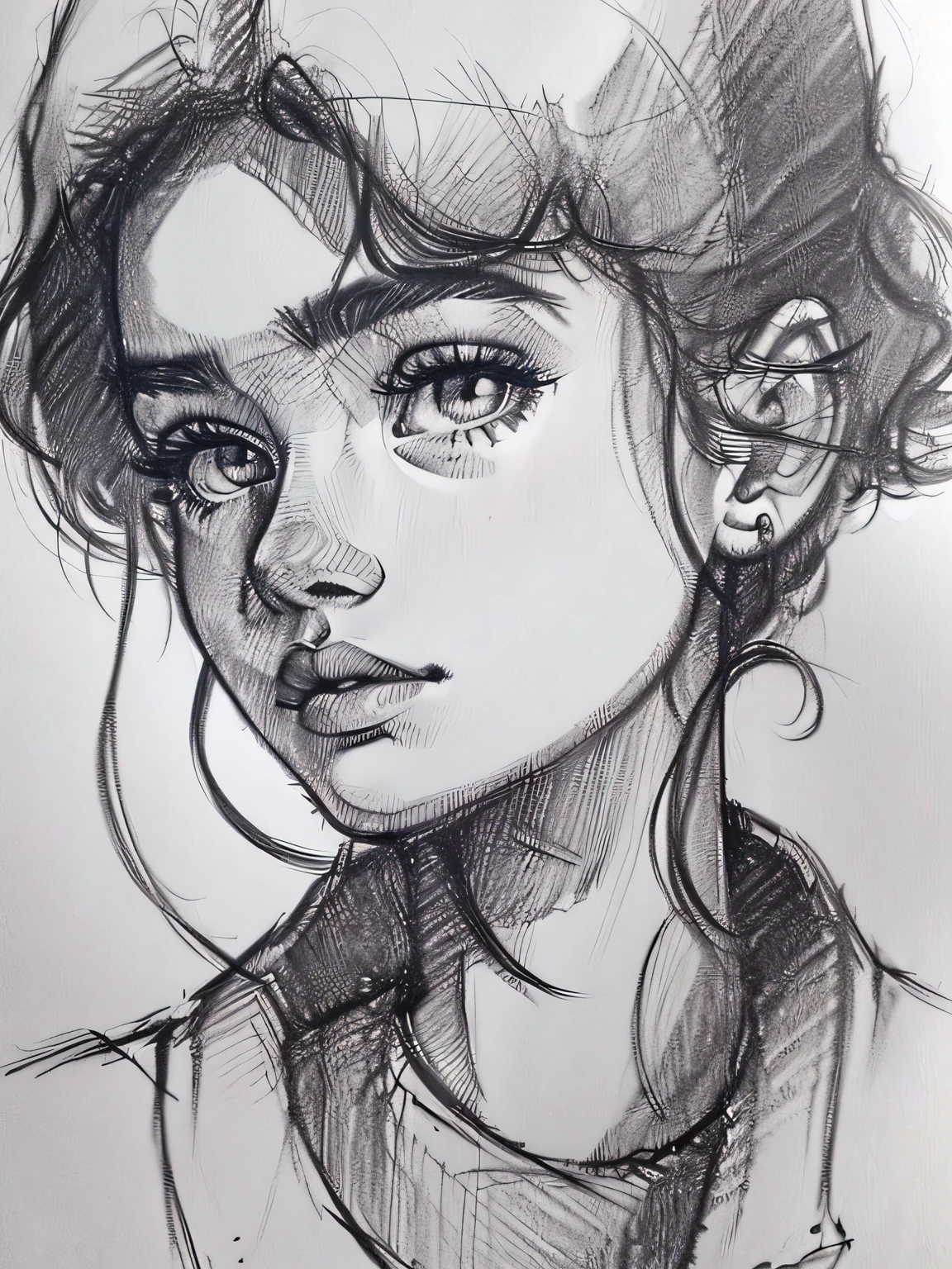 Girl staring at the viewer, early teens, bust shot, rough ballpoint pen sketch drawn in hatching technique, centering, (white background)), masterpiece