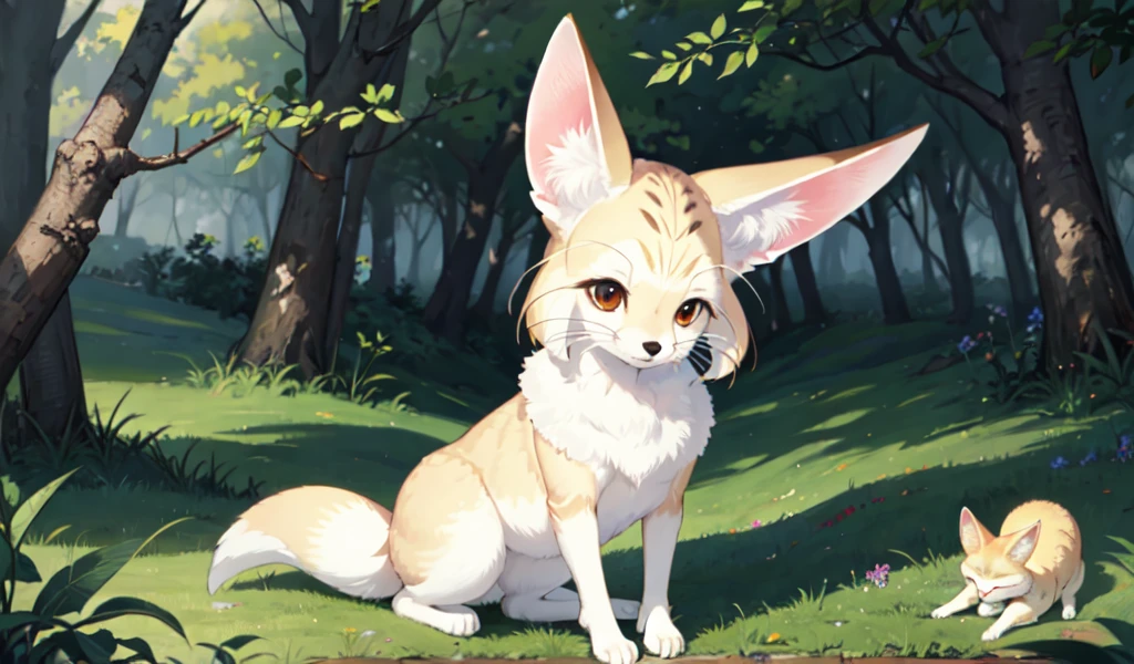 ((Highest quality)), ((masterpiece)), (detailed), 1 Fennec fox female, celtic costume, forest