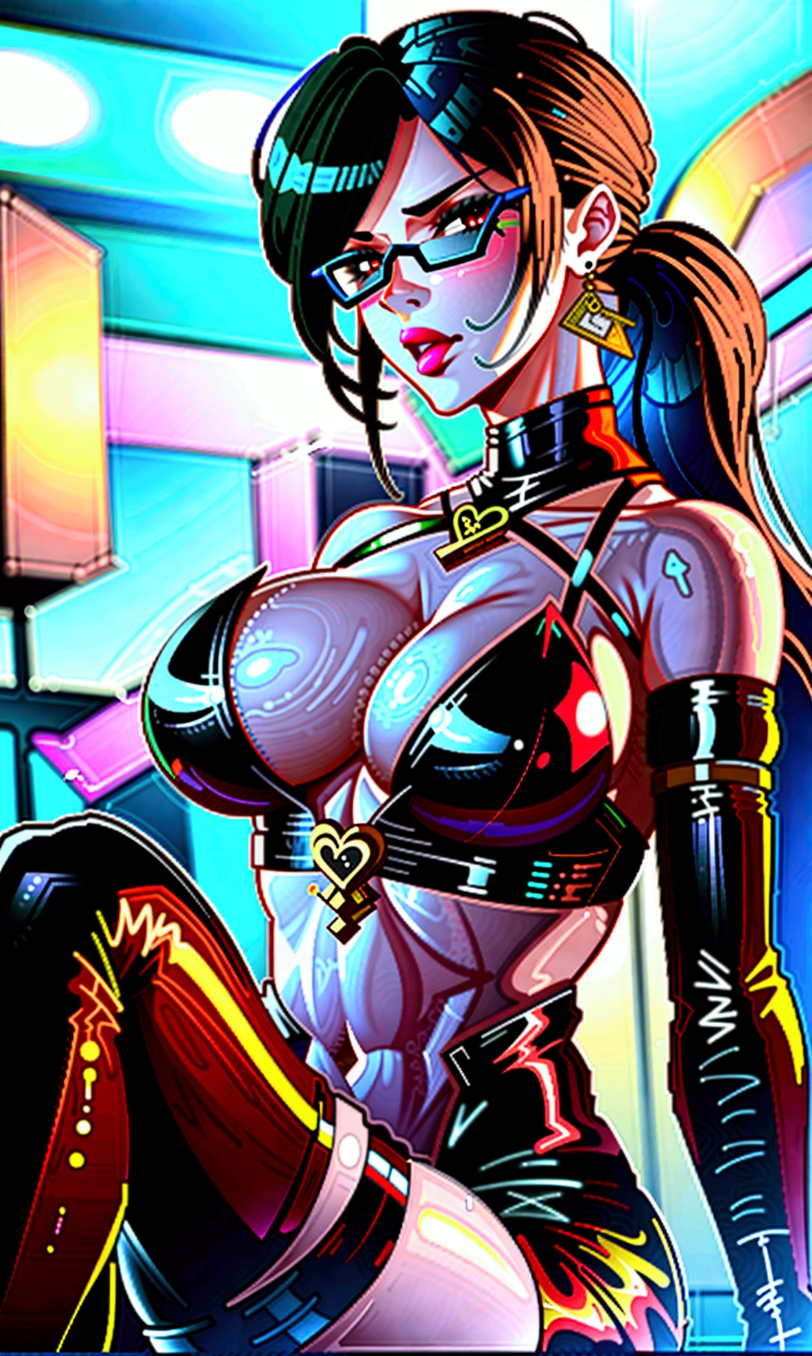 busty bimbo bayonetta, sexy pose, (((bayonetta))), (sexy facial features), (bayonetta body shape), glossy eyes, glamorous, winking, ((beautiful)), smooch lips, sexy, ((hyper sexualized)), raunchy, hourglass body, ((sexy)), spear, ((perfect)), (feminine), detailed bayonetta micro top, detailed bayonetta thigh highs, detailed hogh heels, sexy hips, voluptuous round juicy breasts, underboob, voluptuous round strong ass, strong thighs, hip cleavage, full shapely body, curvy, jewelry, vibrant aura, smooth shiny skin, (sexy lighting), city skyline background, smooth clean lines, ultra textured, highest resolution, maximum quality, max detail, vivid colors, max texture, energetic composition, dramatic lighting, crystal clear, depth perspective, high contrast, seamlessly blended, photorealistic, chromatic aberration, subpixel precision, bokeh effect depth art, anamorphic perspective, hdr high dynamic range, spectral color graded, photometric lighting, motion lines