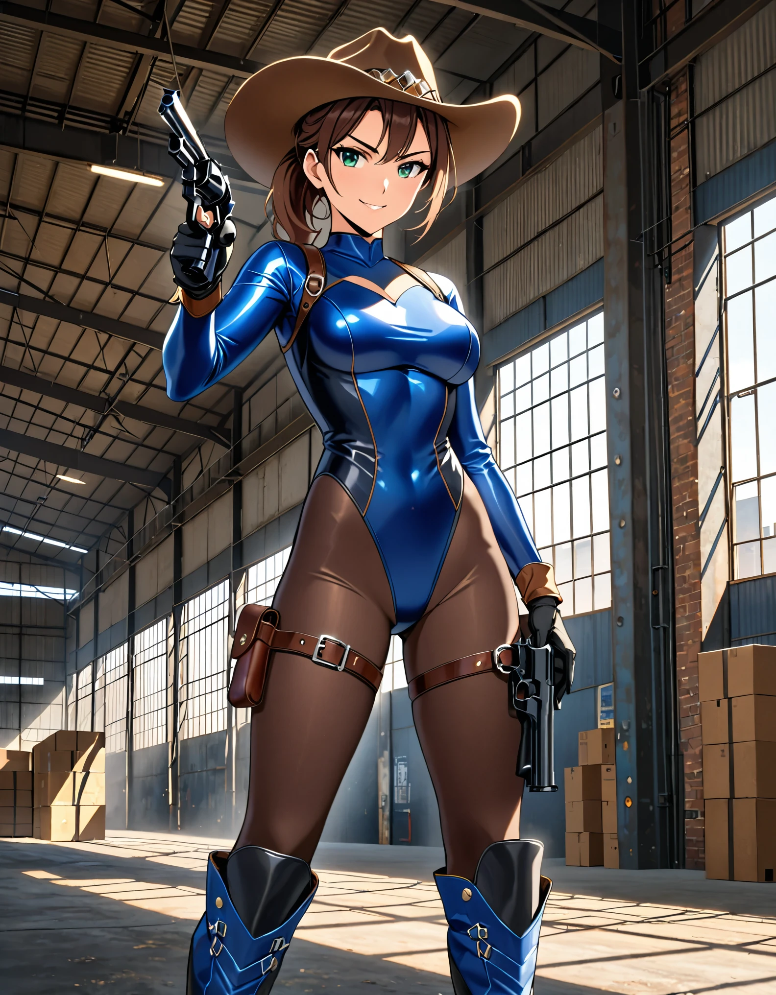 masterpiece, best quality, 1lady, solo, solo focus, (tall body), hispanic, brown hair, short hair, ponytail, blue-green eyes, medium breasts, beautiful detailed eyes, beautiful detailed face, smirk, ((brown cowboy hat)), (bodysuit, (solid blue bodysuit, leotard, dark blue leotard, skin-tight dark grey leggings), perfect fit), long sleeves, (gloves, dark blue gloves, matching gloves, boots, combat boots, dark blue boots, matching boots), drop-down pistol holster, knee pads)), ((pointing pistol at the viewer, revolver)), full body, cowboy shot, empty warehouse, danger atmosphere.