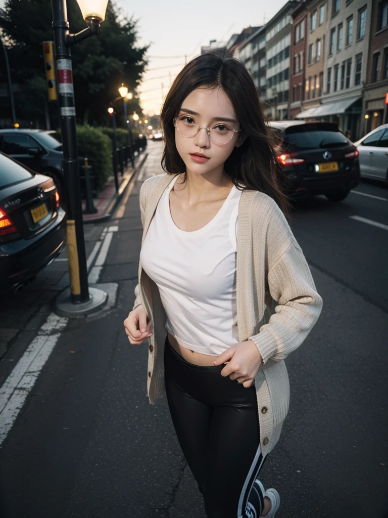 best quality, masterpiece, cinematic lighting, intricate, cinematic detailed realistic background, detailed face, full body, small breasts, realistic, ligne claire, , , 1girl jogging, cityscape, night, tied shirt, looking at viewer, tattoo, model pose, open cardigan, ringed yellow eyes, streetlight, lamppost, yoga pants, split-color hair, glasses,, ,