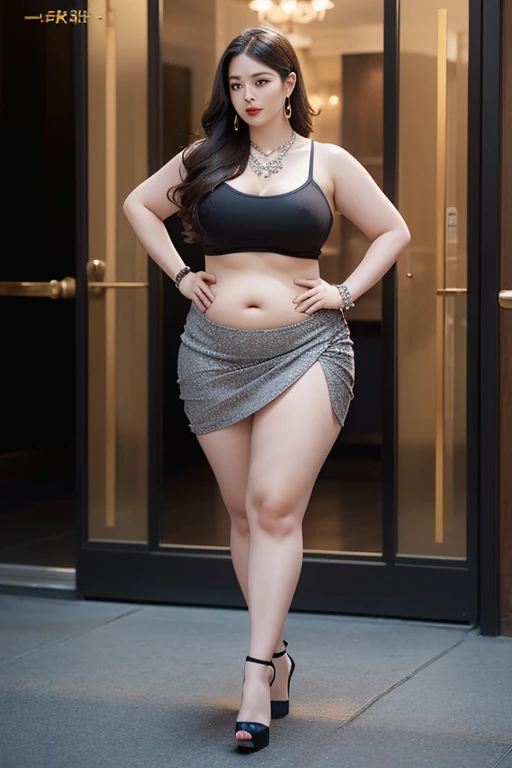 130kg extremely obese woman, abdominal exposure, exposed navel, mini skirt, high heel, earring, necklace, bracelet
