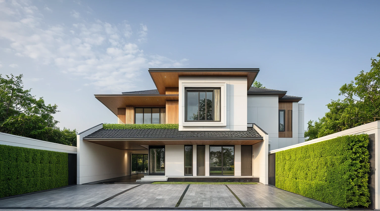 modern villa, large lawn, fence with climbing plants, (daylight), tropical tree, green shrub and plants, vivid color, streetcapes, minimalist design, brigth grey tone, large glass door, warm interior lighting, modern material, best quality, ultra realistic, masterpiece, 17ArchiAI_XL_VL-v1
