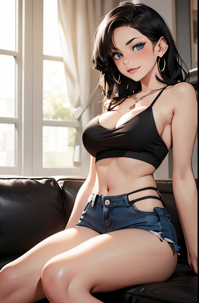 full body shot, thick hair, crystal blue eyes, open mouth smile, aroused 25 years old, playfully aroused, dripping with desire, busty cleavage, low cut spaghetti strap tank top , shorts, slim waist, standing stretching, coy smile with open parted lips, (blushing:1.3), looking invitingly at the viewer, seductive eyes, facing the viewer, livingroom background, posing by the sofa, (pov), glowing eyes, necklace, earrings, nsfw,