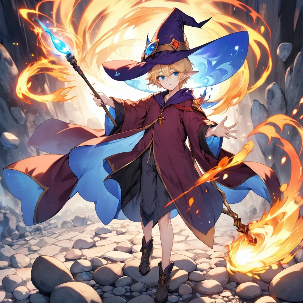 One person、juvenile、male、Light blonde、neutral、Slender、View shortcuts、White skin、blue eyes、Elf Ears、Witch's Pointy Hat、Wizard、Wizardのローブ、Holding a wand in one hand、Use fire magic、Several rocks floating in the background