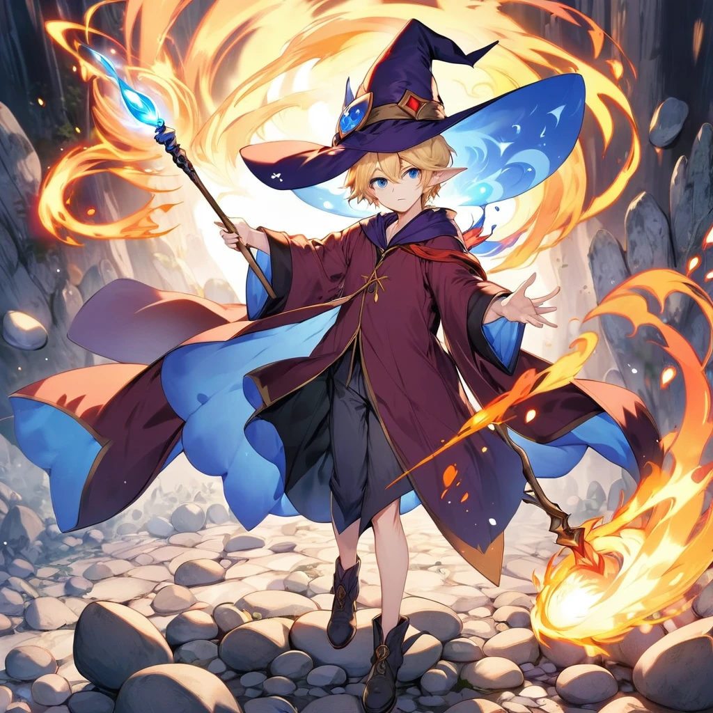 One person、juvenile、male、Light blonde、neutral、Slender、View shortcuts、White skin、blue eyes、Elf Ears、Witch's Pointy Hat、Wizard、Wizardのローブ、Holding a wand in one hand、Use fire magic、Several rocks floating in the background