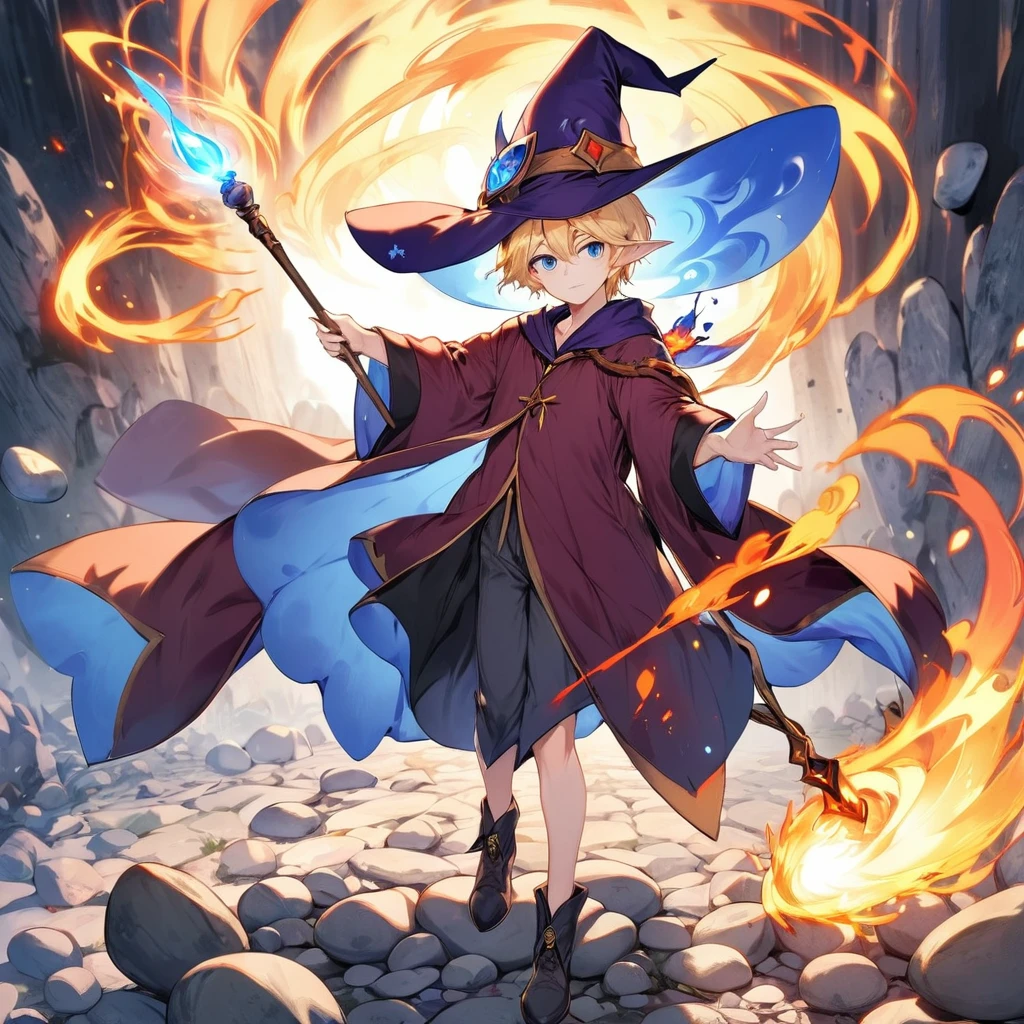 One person、juvenile、male、Light blonde、neutral、Slender、View shortcuts、White skin、blue eyes、Elf Ears、Witch's Pointy Hat、Wizard、Wizardのローブ、Holding a wand in one hand、Use fire magic、Several rocks floating in the background