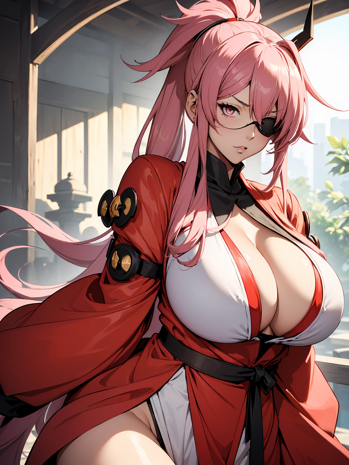 masterpiece:1.2, ((Guilty Gear: Strive game)), ((Baiken character)), 1women, (best quality), (real picture, intricate details, depth of field), make up, parted lips, highly-detailed, perfect face, (huge breasts:1.8), (skindentation), attractive waist, tall, glossy coral lips, moderate musculature, toned abdomen, beautiful navel, (extra long high pink ponytail :1.2), (white ribbon in hair) (beautiful bright pink color eyes), face ornament, sexy, (dressed in a kimono in red, white and black shades), (women's fundoshi), (white female fundosi), (blushing, drunk), sleepy expression, peaceful atmosphere, massive cleavage, disproportional , hanging breasts,
(the right eye is closed, eye patch on the right eye), (the left hand is missing, the left hand is hidden),