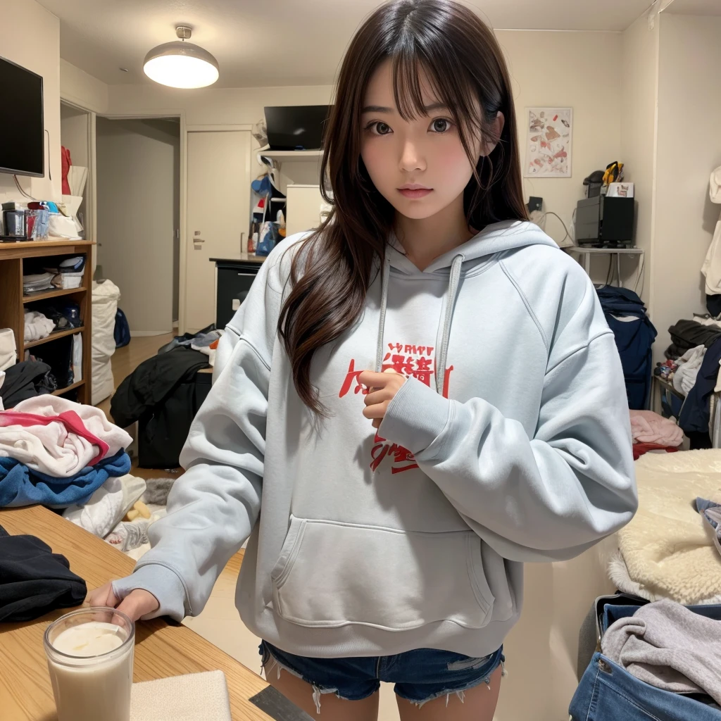 A beautiful Japanese woman in a sweatshirt stands in a messy apartment and stares at you