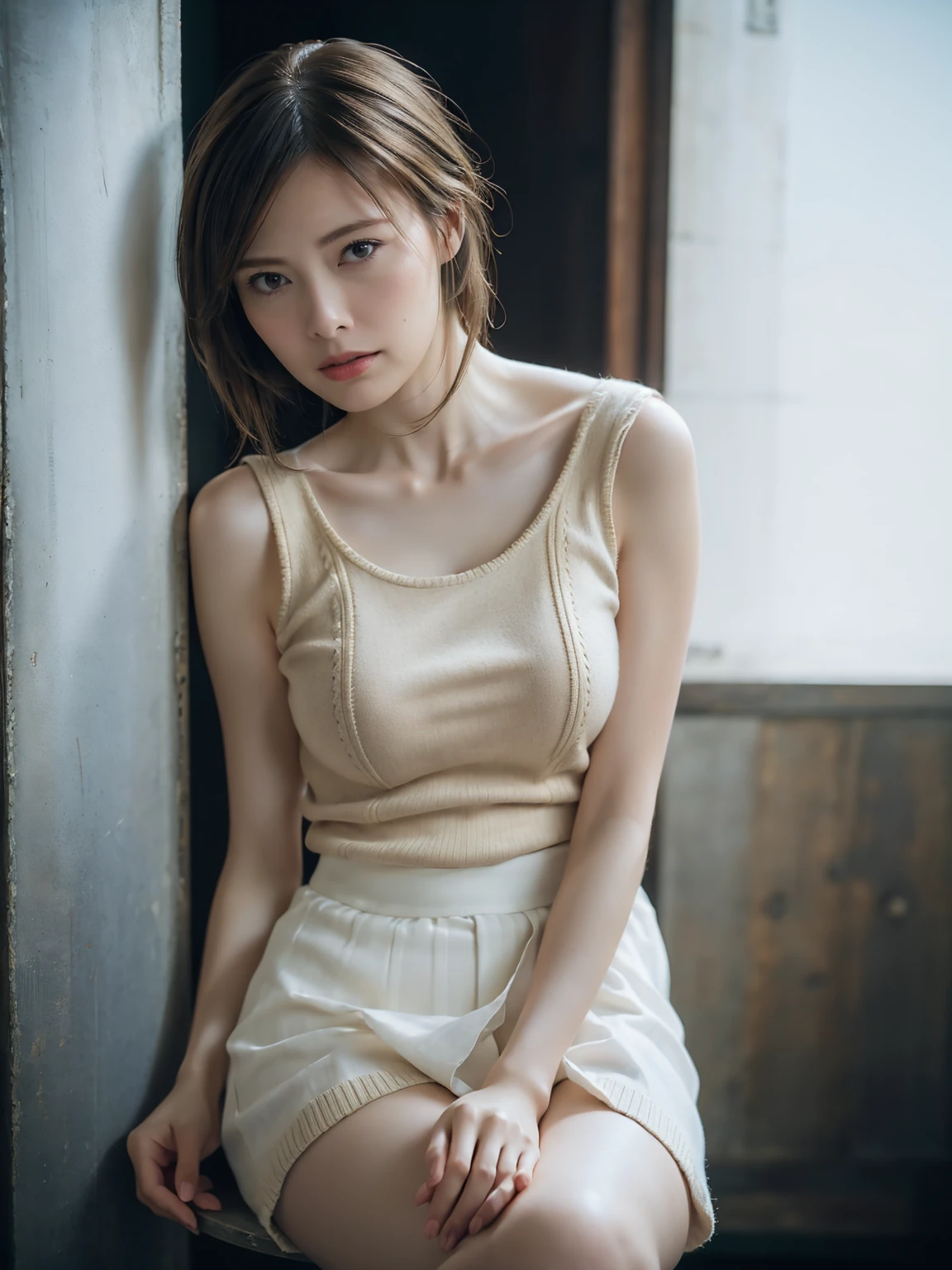 1girl, woman, masterpiece, best quality, highest quality, cinematic lighting, (volumetric lighting), extremely detailed CG unity 8k wallpaper, focused, 8k wallpaper, extremely detailed, ultra realistic, photorealistic, sharp focus, absurdres, (HDR:1.2), (high contrast), photograph, detailed and intricate, instagram, portrait, highly detailed, digital painting, artstation, concept art, smooth, sharp focus, illustration, cinematic lighting, (natural big breast), black short skirt, eyes looking at the viewer, ((medium shoulder)), (skinny legs), (slender body), (((height 163cm))), (HQ skin:1.4, Realistic human body structure), (Full body:1.4), (aerial shot photo), (wearing knit tank top, short skirt), (real skin of thighs)