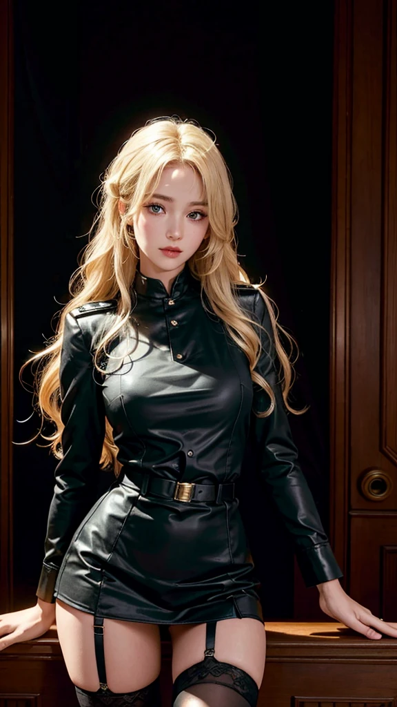 realistic, High resolution, soft light,1 female, alone, hip up, glowing skin, (detailed face),tattoo, jewelry, Bizarre uniform, black stockings, garter belt, night, blonde hair, wavy hair, Beautiful Soldier, Eyes that invite the viewer, lover's perspective, an inviting look, sexy smile, perfect style, perfect balance, fine skin, naughty look, I can see your chest