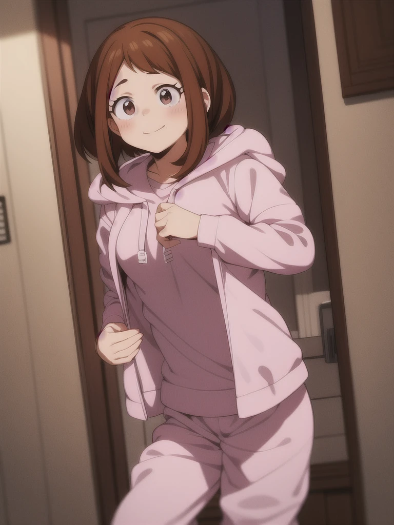 Ochaco Uraraka, wearing pajamas, nice environment, super detailed, high quality
