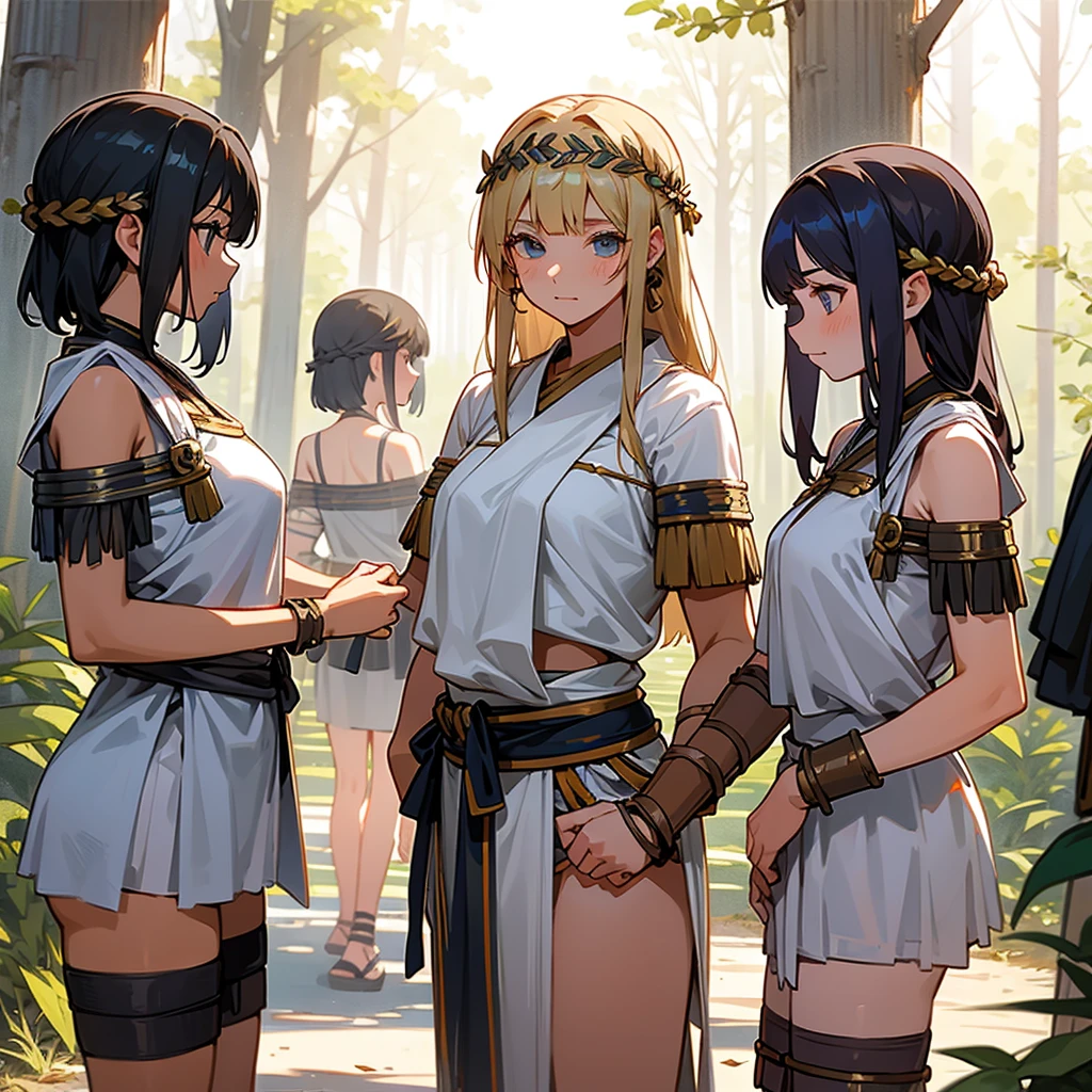 young greek warriors girls in togas , only girls , forest in the background , sandals ,