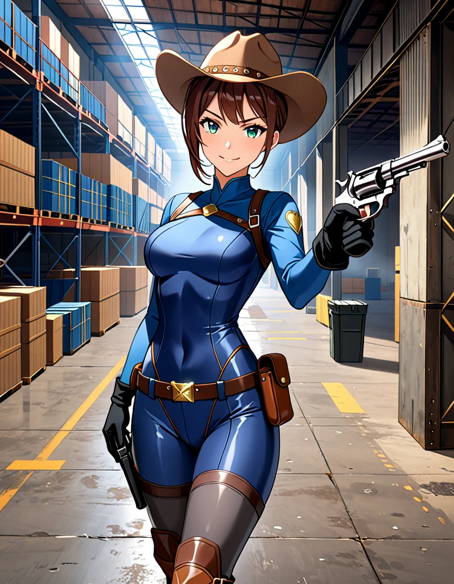 masterpiece, best quality, 1lady, solo, solo focus, (tall body), hispanic, brown hair, short hair, ponytail, blue-green eyes, medium breasts, beautiful detailed eyes, beautiful detailed face, smirk, ((brown cowboy hat)), (bodysuit, (solid blue bodysuit, leotard, dark blue leotard, skin-tight dark grey leggings), perfect fit), long sleeves, (gloves, dark blue gloves, matching gloves, boots, combat boots, dark blue boots, matching boots), drop-down pistol holster, knee pads)), ((pointing pistol at the viewer, revolver)), full body, cowboy shot, empty warehouse, danger atmosphere.