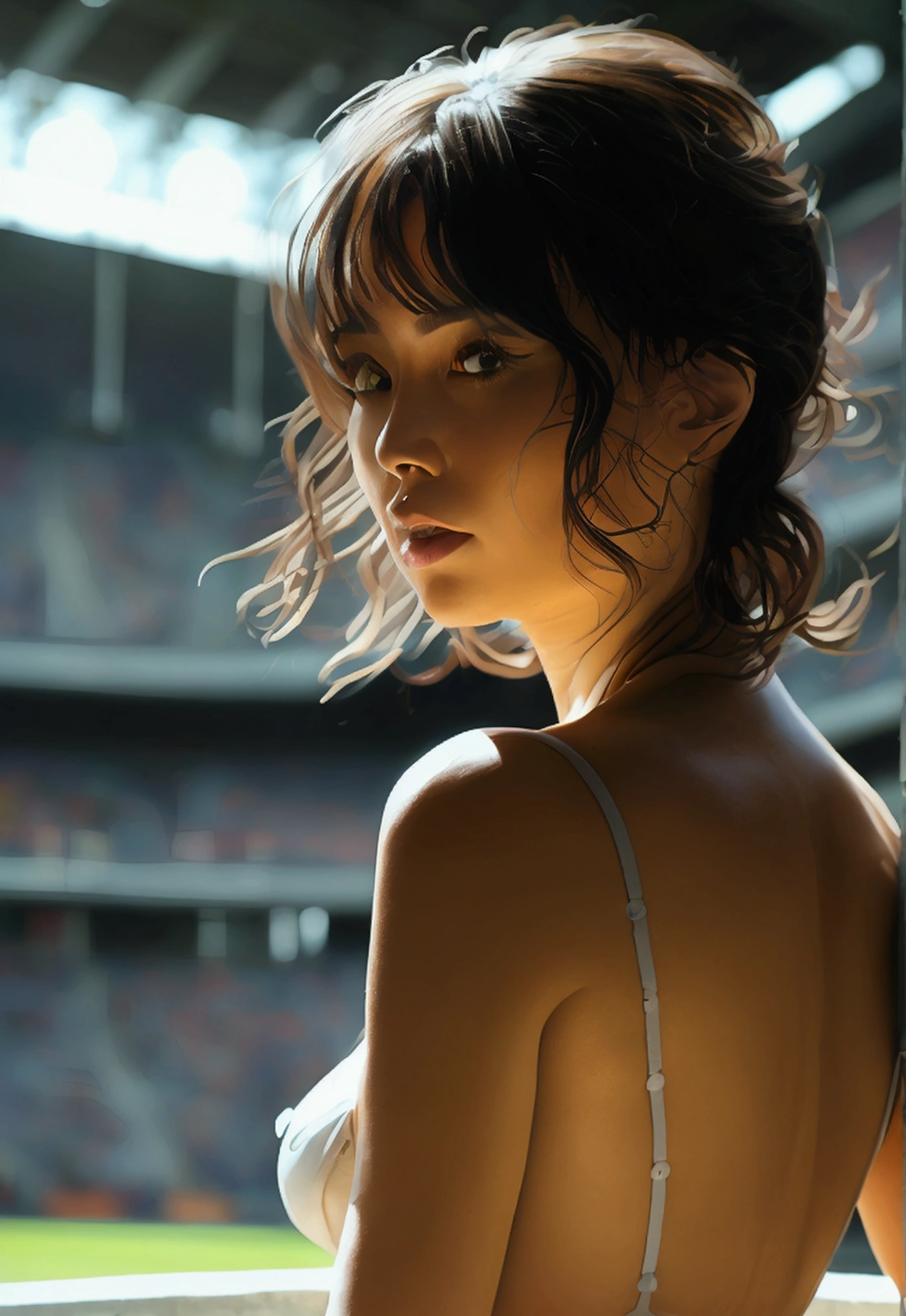 analog photo of nude sawa yasudei behind the big boss, curvy, stadium,
(full body image head to toe), full bodied portrait, female pubic hair,
(huge torpedo heavy breasts:1.1), (pubic hairs:1.4), (wide hips), high heels, open mouth,
mature female, hair bun, single hair bun,