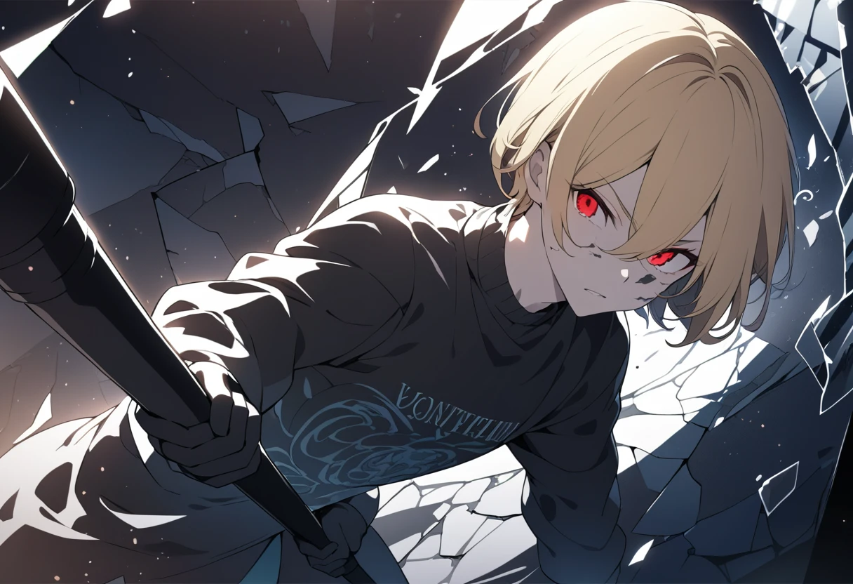 (masterpiece, Highest quality, Super detailed, Best Shadow), (Detailed Background,Dark fantasy), (Beautifully detailed face), High Contrast, (Best lighting, Very delicate and beautiful), ((Cinematic Light)), colorful, Hyper Detail, Dramatic Light, Intricate details, (boy, alone,Blonde Hair, Sharp Face,Very short hairstyle,Red eyes, Hair between the eyes,Dynamic Angle), Coloring agent, Black light swirling around the character, Depth of written boundary,black light particles,(Broken glass),Black rubber gloves and a brush