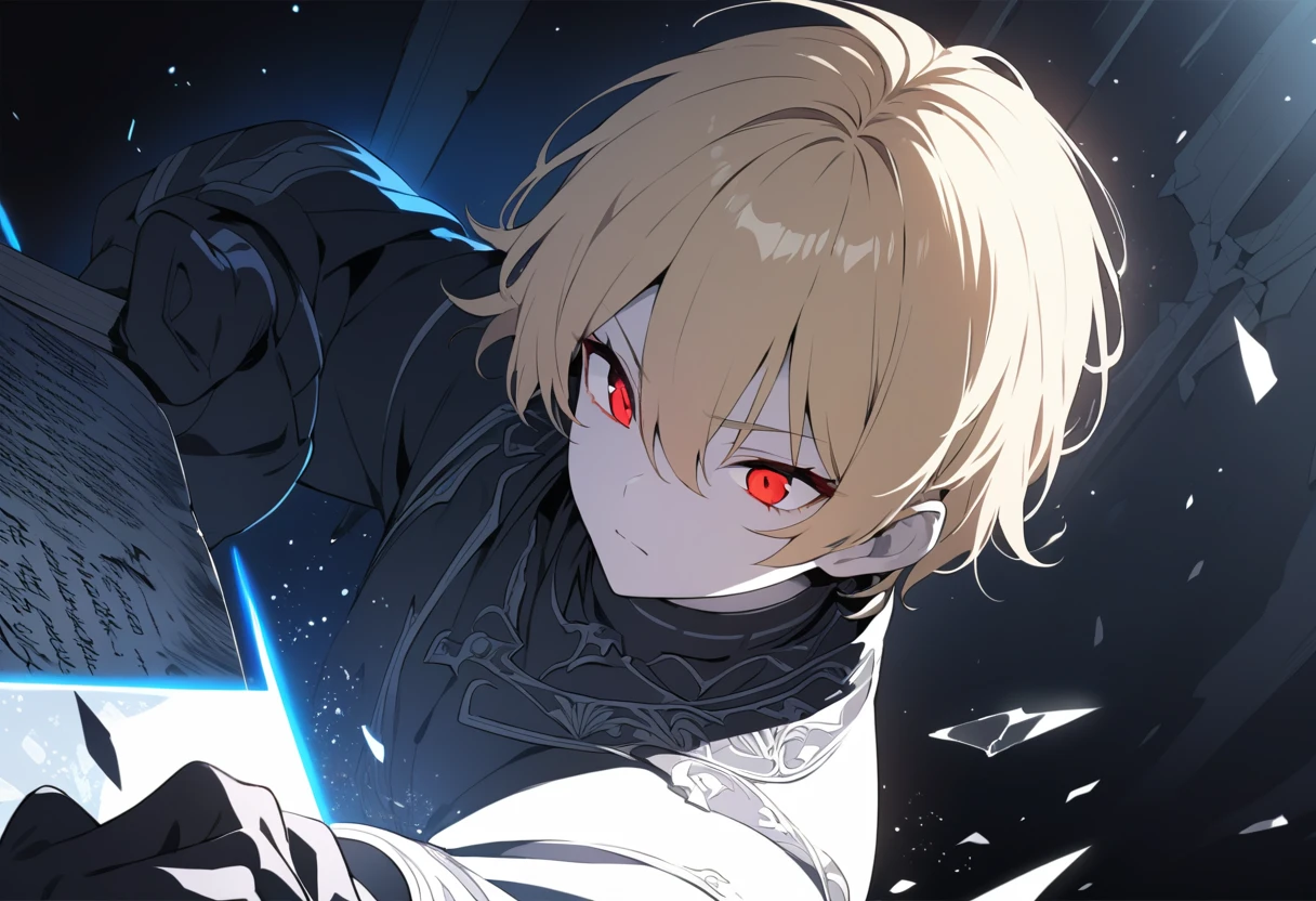 (masterpiece, Highest quality, Super detailed, Best Shadow), (Detailed Background,Dark fantasy), (Beautifully detailed face), High Contrast, (Best lighting, Very delicate and beautiful), ((Cinematic Light)), colorful, Hyper Detail, Dramatic Light, Intricate details, (boy, alone,Blonde Hair, Sharp Face,Very short hairstyle,Red eyes, Hair between the eyes,Dynamic Angle), Coloring agent, Black light swirling around the character, Depth of written boundary,black light particles,(Broken glass),Black rubber gloves and a brush