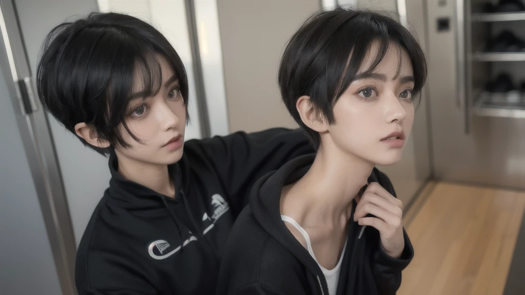((masterpiece)), ((best quality)), ((ultra-detailed)), 1girl,solo,((skinny),(flat chest),((very short hair)),black hair,pixie cut,shaggy cut,((big eyes)),(((tsurime))),(((slant eyes))),(drunk),tracksuit, hooded,((((clothes lift)))),sports bra,sweat,((looking away)),locker room,more_details:-1, more_details:0, more_details:0.5, more_details:1, more_details:1.5,bangs,messy hair,hair between eyes,medium long hair,