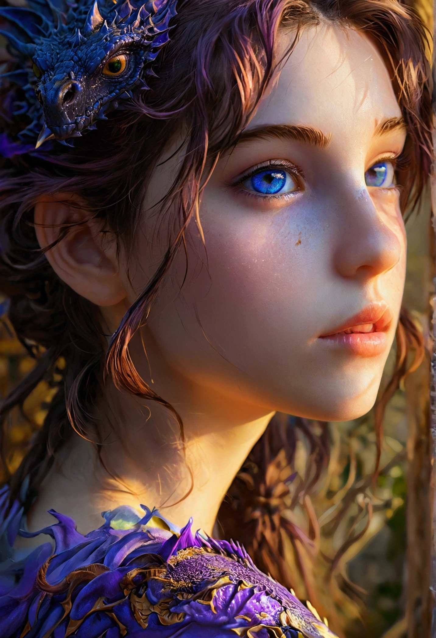 Jeune fille aux cheveux bruns et aux yeux bleus, avec un dragon violet, version animé