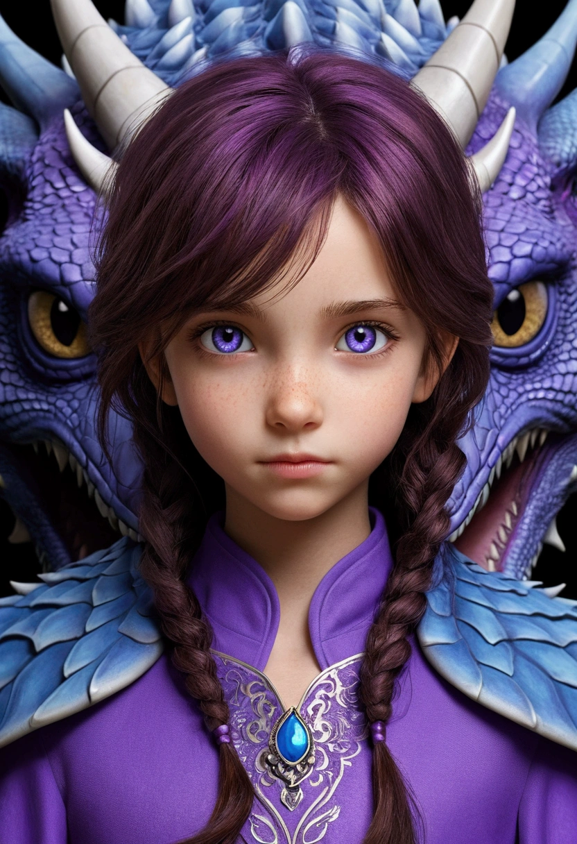 Jeune fille aux cheveux bruns et aux yeux bleus, avec un dragon violet, version animé