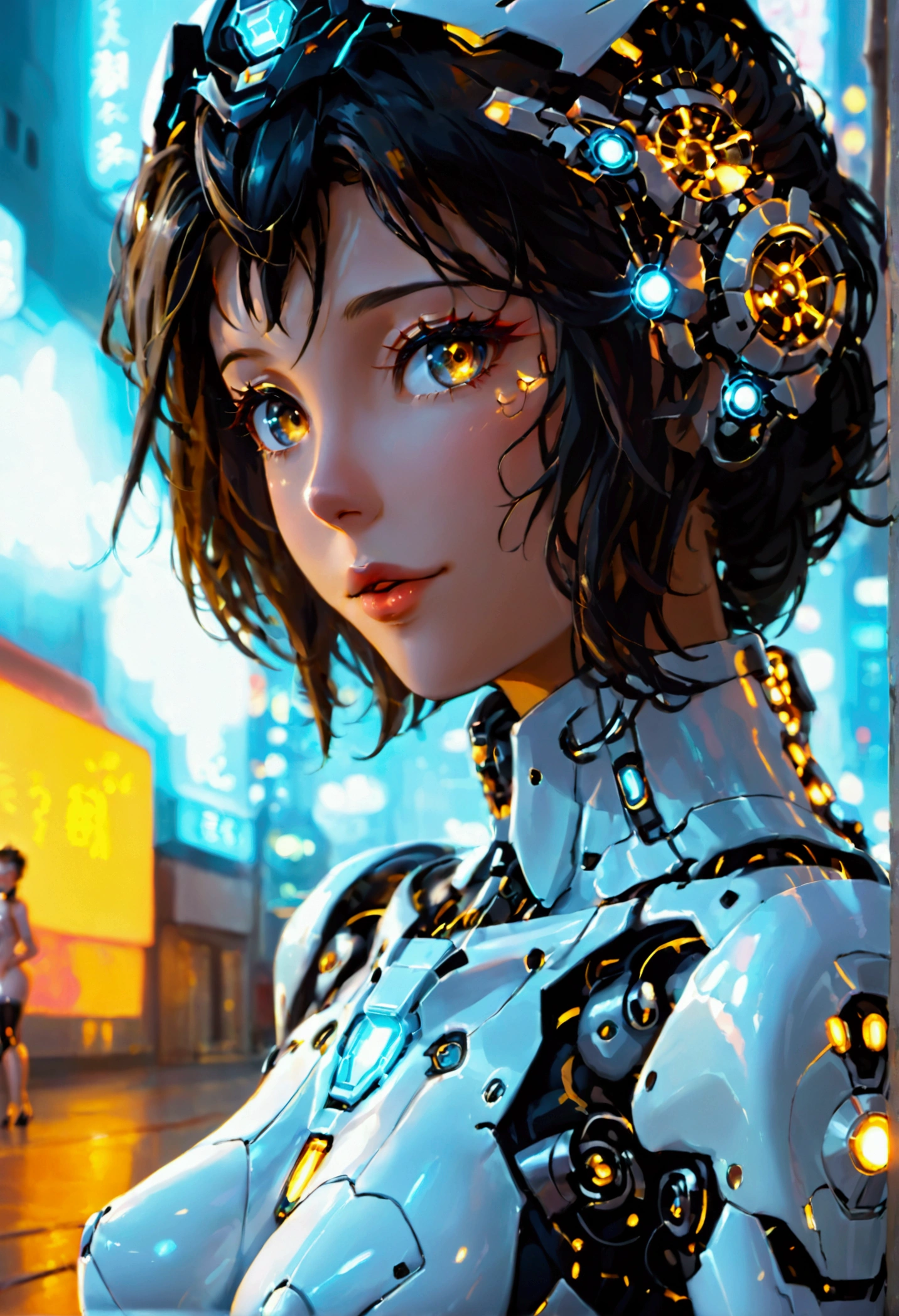 A cute woman ( sexy skin suit, a few cybernetic data-ports mar her skin, neon chrome color scheme (random color)) posing next to a matching cyber super mecha, future tokyo, (show all of the woman, show her head to toe, show all of her)
