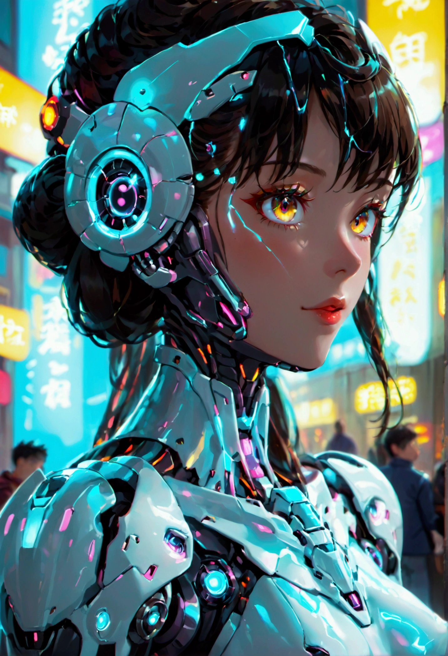 A cute woman ( sexy skin suit, a few cybernetic data-ports mar her skin, neon chrome color scheme (random color)) posing next to a matching cyber super mecha, future tokyo, (show all of the woman, show her head to toe, show all of her)
