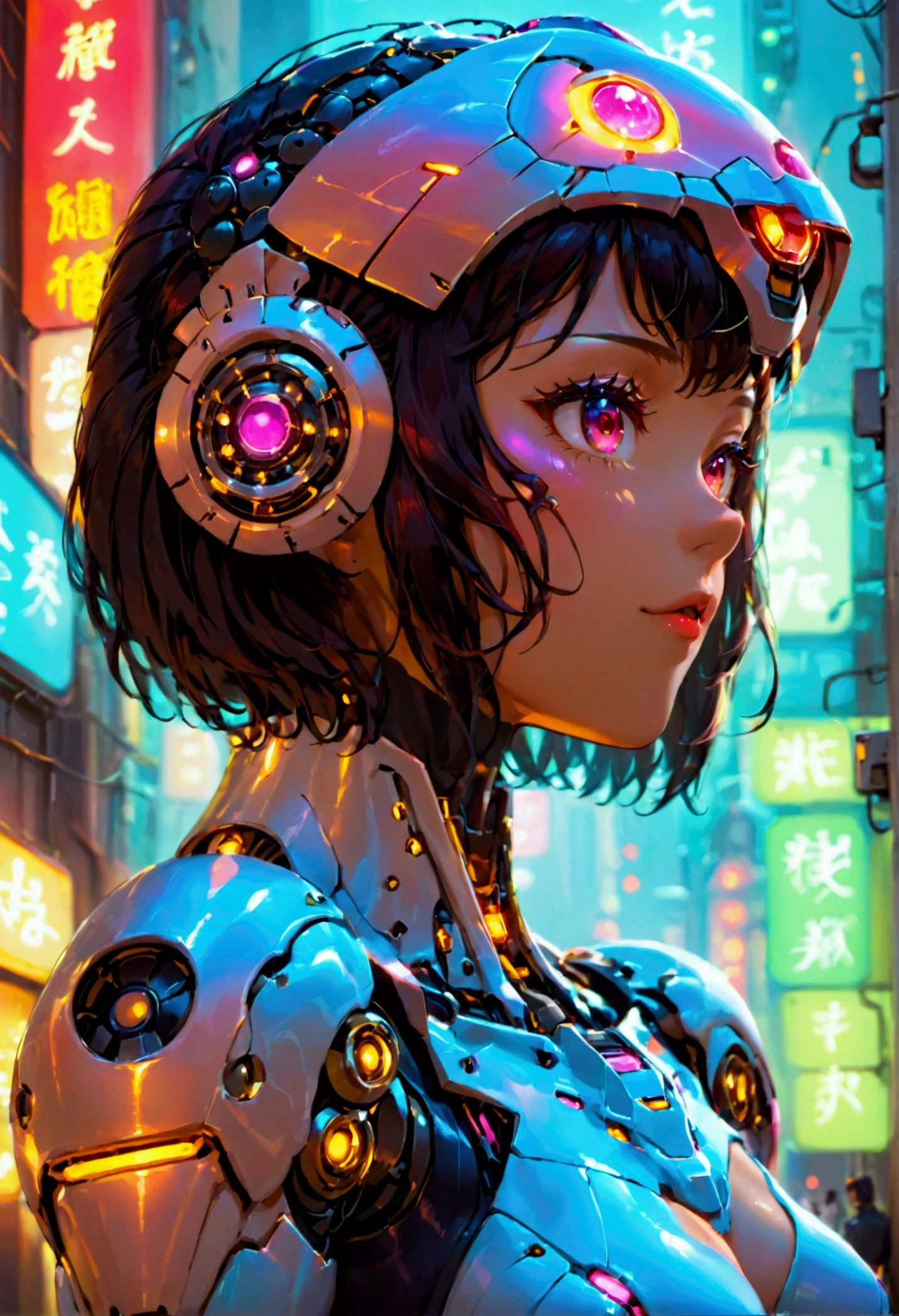 A cute woman ( sexy skin suit, a few cybernetic data-ports mar her skin, neon chrome color scheme (random color)) posing next to a matching cyber super mecha, future tokyo, (show all of the woman, show her head to toe, show all of her)