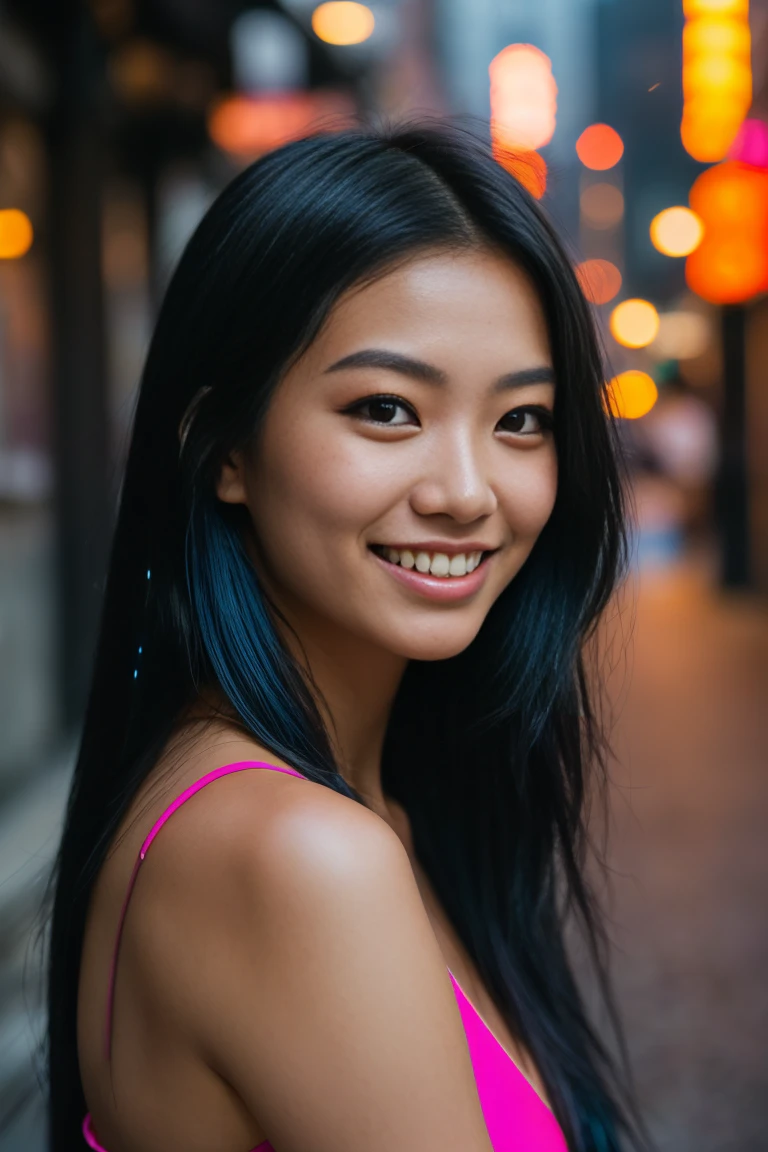 arafed woman with long black hair with blue high lighs sitting on the beach, flowing black hair, with black hair (((with blue high lights))), photo of a beautiful woman, long flowing blck hair, pink golden hour, curly black hair, beautiful young asian woman, beautiful asian woman, wild ginger hair, pink wispy hair, light pink hair, a young asian woman, an asian woman, infp young woman, Portrait photo of a 24-year-old french girl in RAW UHD format (Brown-eyed woman) Walk down the dark alley, night city, Details (textures! , Hair! , glistering, Color!! , imperfections: 1.1), highly detailed glossy eyes (looking at the camera), DSLR Lighting, SLR camera, Ultra-Quality, sharpness, Depth of field, Film grain (Downtown), Fujifilm XT3, Crystal clear, Frame Center, beatiful face, sharp-focus, neon lighting, bokeh (dimly lit), night time, (night sky), detailed skin pores, oilly skin, suntan, Complex eye details, (((beautiful face))), (((smiling)))