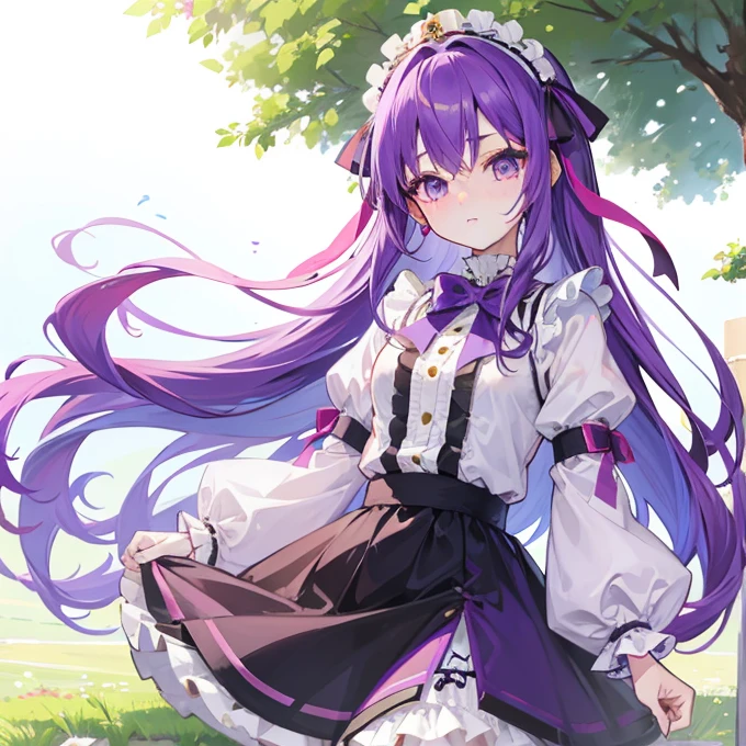 Long purple hair,Lolita Skirt,Fufu has a very cute face,It's a cute girl,In the grassland