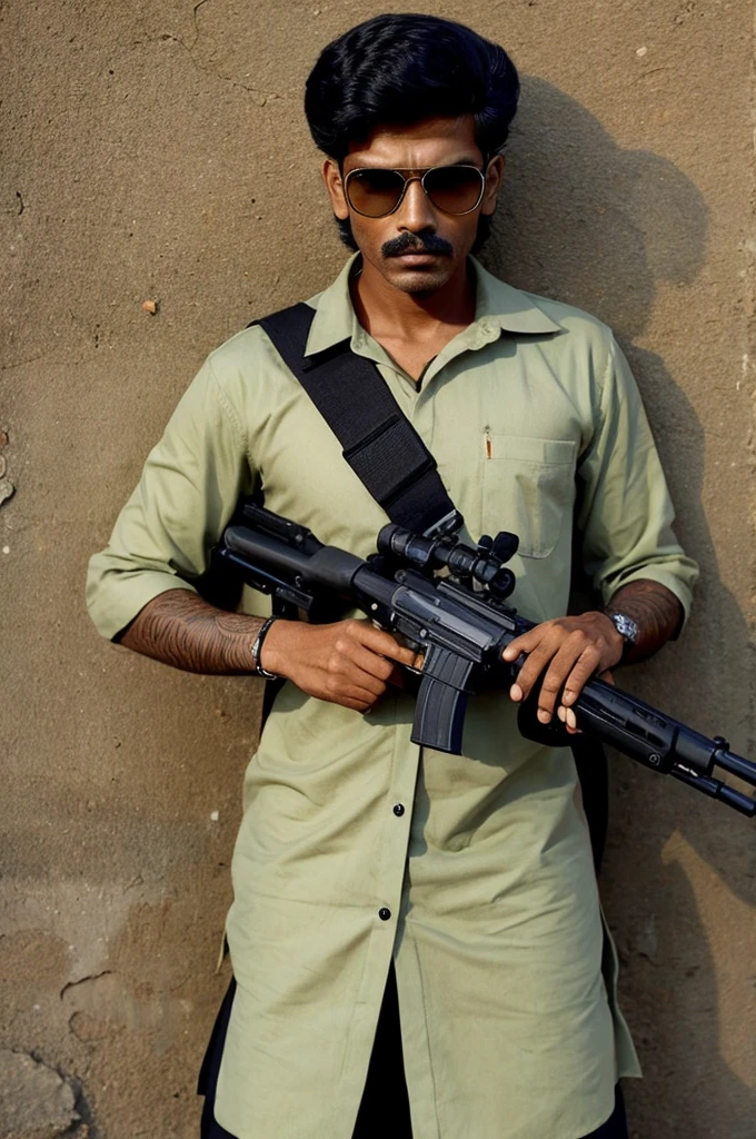 A 21 year Indian man holding rifle gun with attitude 