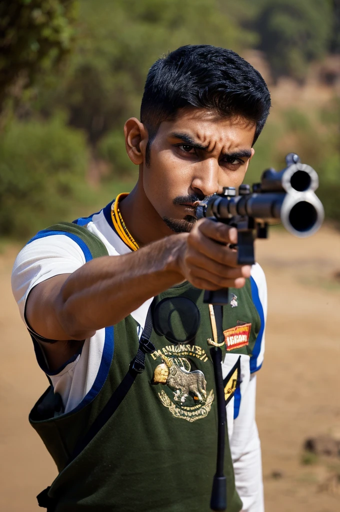 A 21 year Indian man holding rifle gun with attitude