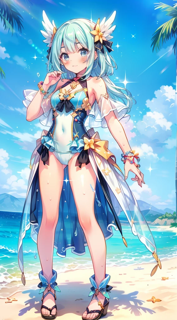 score_9, score_8_up, score_7_up, source_anime,masterpiece, best quality, high resolution, extremely detailed CG, absurdres, highres, 1girl, a dark skin girl in a swimsuit, posing at the beach, (light blue hair), golden_decorations, feathers on swimsuit, ((glitter swimsuit, shiny swimsuit)), Ombre swimsuit, gorgeous swimsuit, beach and blue sky in background, ((transparent_dress)),Colorful portraits, happy