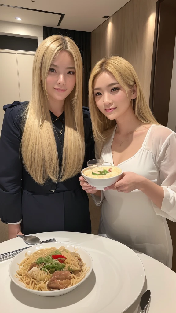 Highest quality, (((黄色いラナンキュラスof大きなフラワーアレンジメント))), ダイニングテーブルof上に食事と赤ワイン, ((Blonde))of(((couple)))dinner