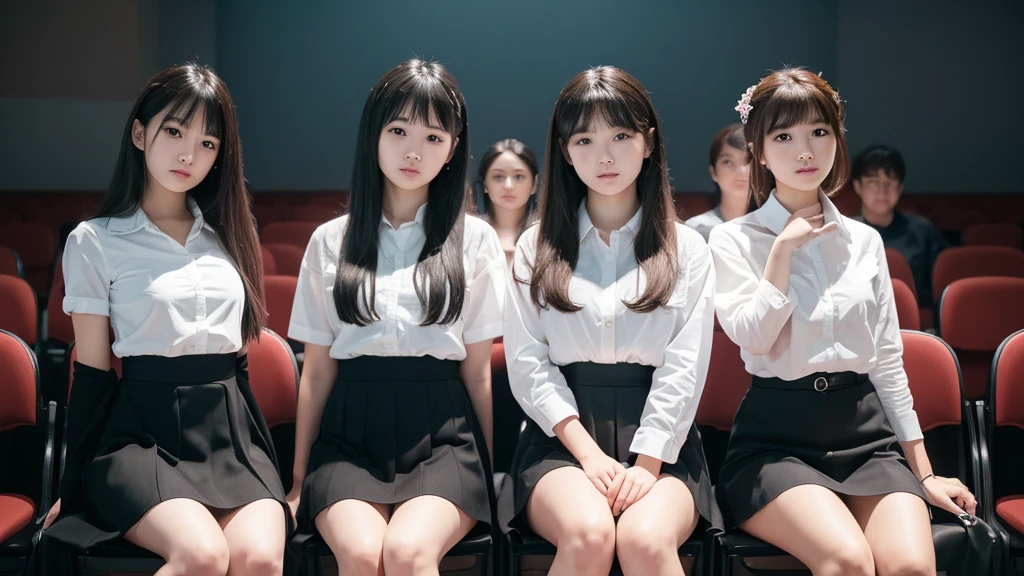 ((Highest quality, 8K, Masterpiece Details, Ultra-high resolution)), (Group photo),(Looking at the audience), (Full Shot:), 魅力的なビジネス 5-peopleのwoman, 5-people, Slightly thicker:0.25, (((woman))), Seductive look, loose bangs, White collared shirt, Grey Skirt, (sit cross-legged at one's desk in the office)), ((Ultra-realistic sheer black pantyhose:1.5)), smile, CEO's Office,