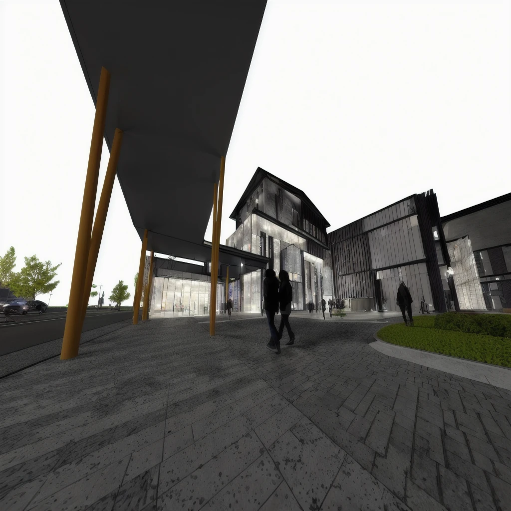 there are two people walking down the street at night, night time render, the sky is deep dark blue,3 d render even lit, architecture render, ground level camera view, 3d render, architectural render, make it look photorealistic for architecture