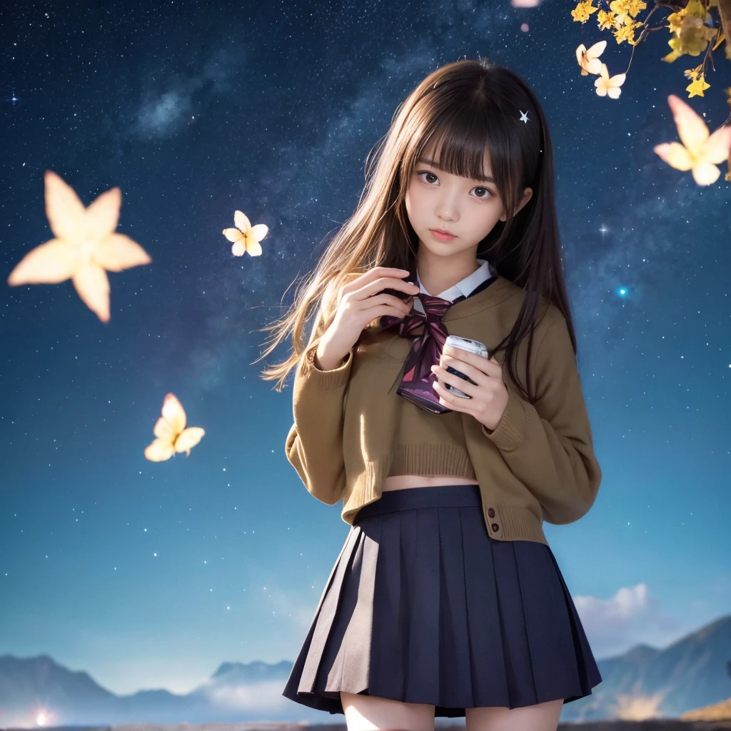 Beautiful images、universe、Fantasy、Shooting start or swarm、Teenage Girl、black eye、Hair length、Starry Sky、Japanese、high school girl、camisole、Fluttering mini skirt、