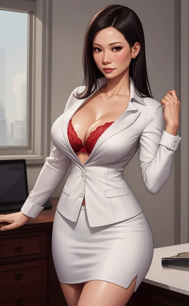 white silk shirt, deep v neck, business suit, , red lace bra, pencil skirt, Lucy Liu