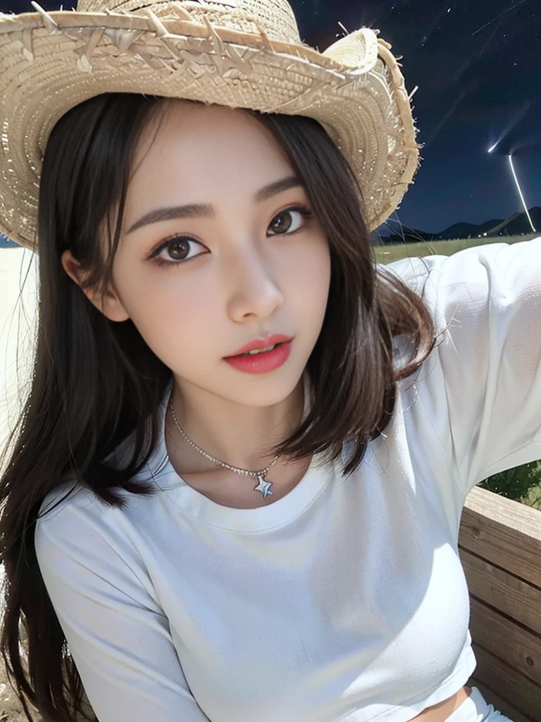 Look at this and smile、Colorful summer clothes、top quality、​masterpiece、超High resolution、(actual:1.4)、Very wide lens、close up、Young woman beautiful、Nice detailed eyes and skin、smile、Short brown hair haircut、bust、Small necklace、、straw fedora hat、、Summer sky、(highest image quality: 1.35), high quality, Realistic photo, (A beautiful woman:1.33), beautiful expression, (delicate eyes:1.3), (delicate face:1.3), Smile, (light hair silhouette:1.2), Super detailed , high resolution, Athletic figure, (big breasts:1.25), (long hair:1.2), (beautiful woman), (Cute navel:1.2), ( Depth of field f/1.8:1.45 ), sharp focus, original image , (Thin white shirt:1.45), (Thin white pants:1.4), (Thin white tight pants:1.4 ), (shirt thin white eyelashes:1.4), (thick thighs:1.5), (forward facing:1.25), (cowboy photo:1.4), (night sports:1.4), ( dark sky:1.5 ),